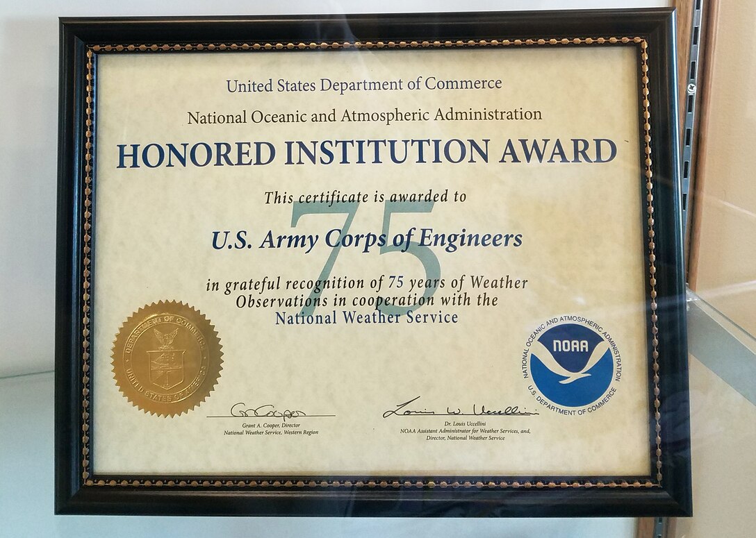 The Walla Walla District’s Mill Creek Dam and Bennington Lake project was recognized with an “Honored Institution Award” on Wednesday, Sept. 26, for 75 years of service in the National Weather Service’s Cooperative Observer program. U.S. Army Corps of Engineers photo.