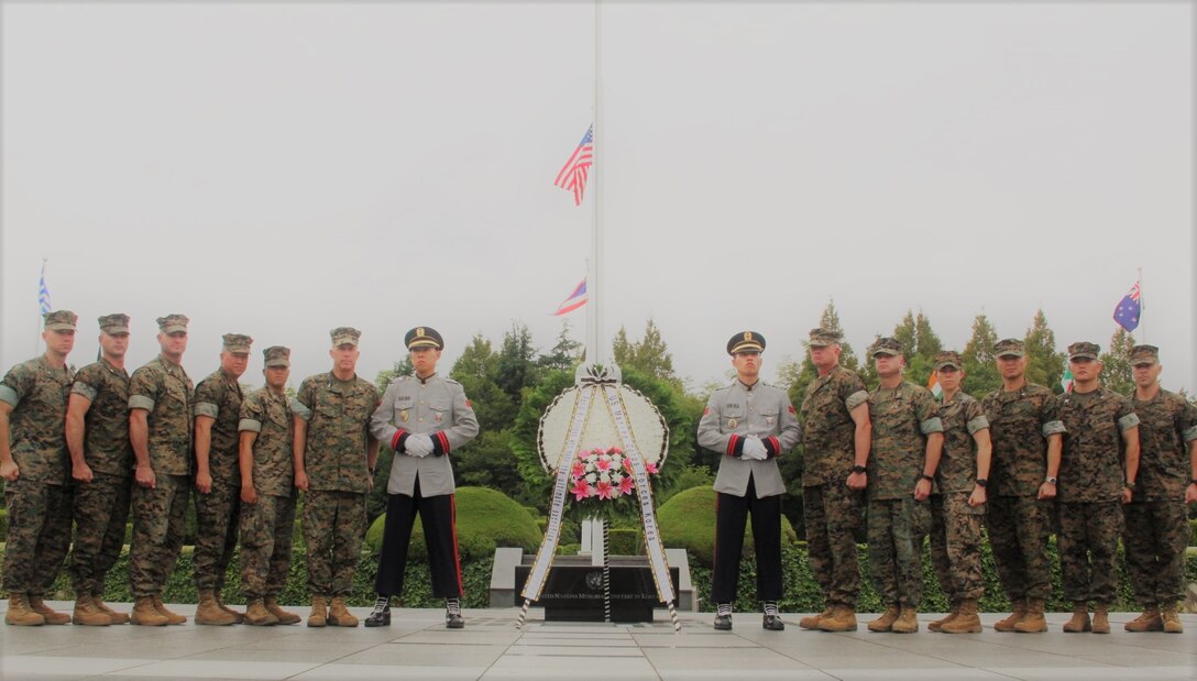 U.S. Marine Corps Forces Korea staff laid a wreath at the United Nations Memorial Cemetery in Korea located in Busan, Sept. 19.  The U.N. cemetery hosts graves from eleven countries who fought for U.N. forces during the Korean War of 1950-1953. (U.S. Marine Corps photo by Capt. John Parry/ Released)