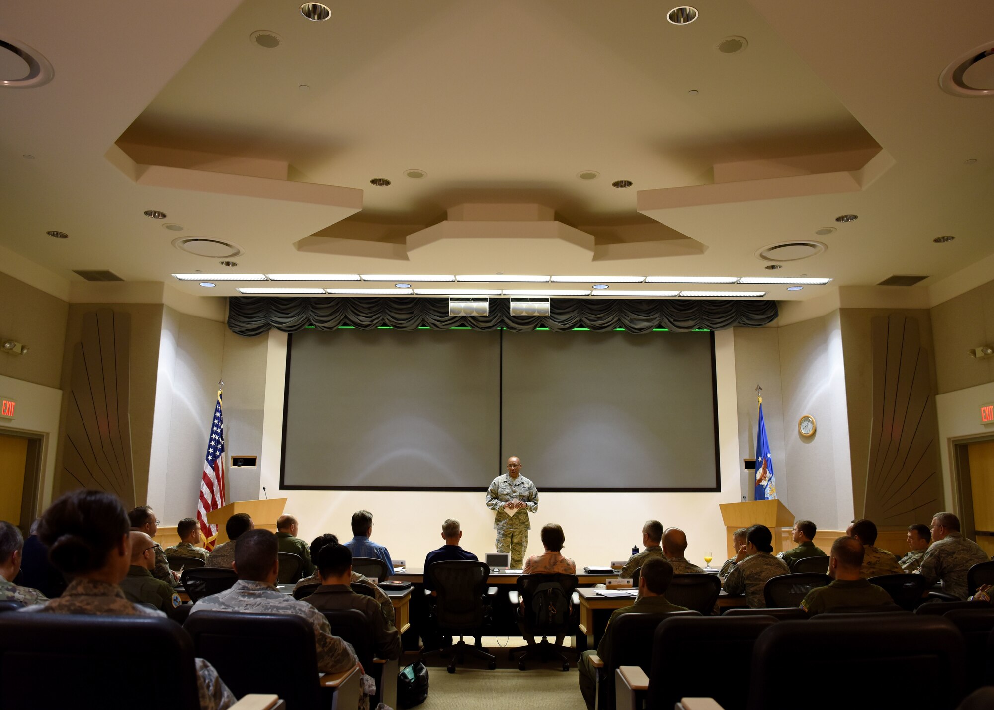 General CQ Brown Jr., Pacific Air Forces commander, speaks to U.S. Air Force Indo-Pacific Air Attaché and SCO Forum attendees on Joint Base Pearl Harbor-Hickam, Hawaii, Sept. 25, 2018. The forum allows air attachés and Security Cooperation Officers to develop opportunities for PACAF to strengthen alliances and partnerships throughout the Indo-Pacific region. (U.S. Air Force photo by Tech. Sgt. Zachary Vaughn)