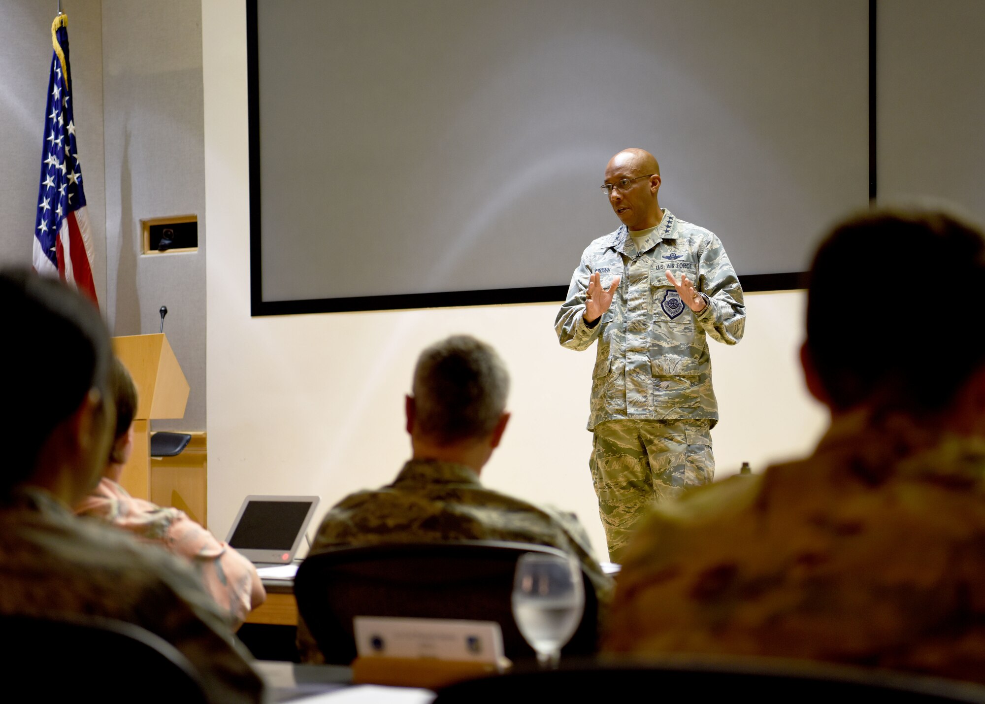 General CQ Brown Jr., Pacific Air Forces commander, speaks to U.S. Air Force Indo-Pacific Air Attaché and SCO Forum attendees on Joint Base Pearl Harbor-Hickam, Hawaii, Sept. 25, 2018. The forum allows air attachés and Security Cooperation Officers to develop opportunities for PACAF to strengthen alliances and partnerships throughout the Indo-Pacific region. (U.S. Air Force photo by Tech. Sgt. Zachary Vaughn)