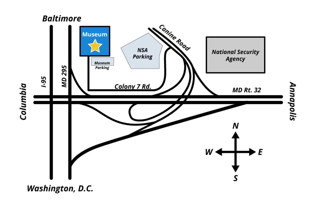 A simple map of the location of the National Cryptologic Museum. The museum is located on Colony 7 Rd and can be accessed by taking the Canine Road exit from MD Rt. 32.