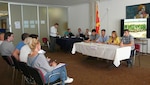 Macedonia officials conduct a mock press conference Sept. 20, 2018, during a flood response tabletop exercise in Skopje, Macedonia. The exercise was sponsored by the Civil-Military Emergency Preparedness Program and included the participation of first responders from the Republic of Macedonia and the United States.