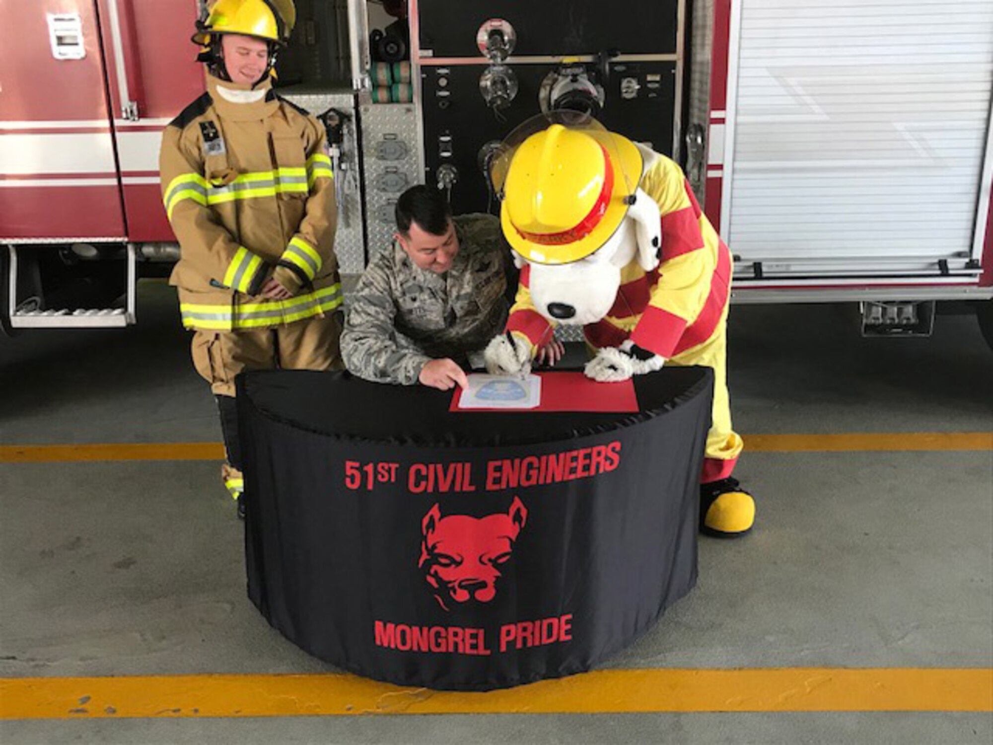 Col. William Betts, 51st Fighter Wing commander, signs the annual Fire Prevention Week proclamation on Osan Air Base, Republic of Korea, Sept. 27, 2018. Fire Prevention Week, which begins Oct. 7, will focus on increasing awareness and educating Airmen and their families about risks, safe habits, and what to do in a fire emergency. (U.S. Air Force courtesy photo)