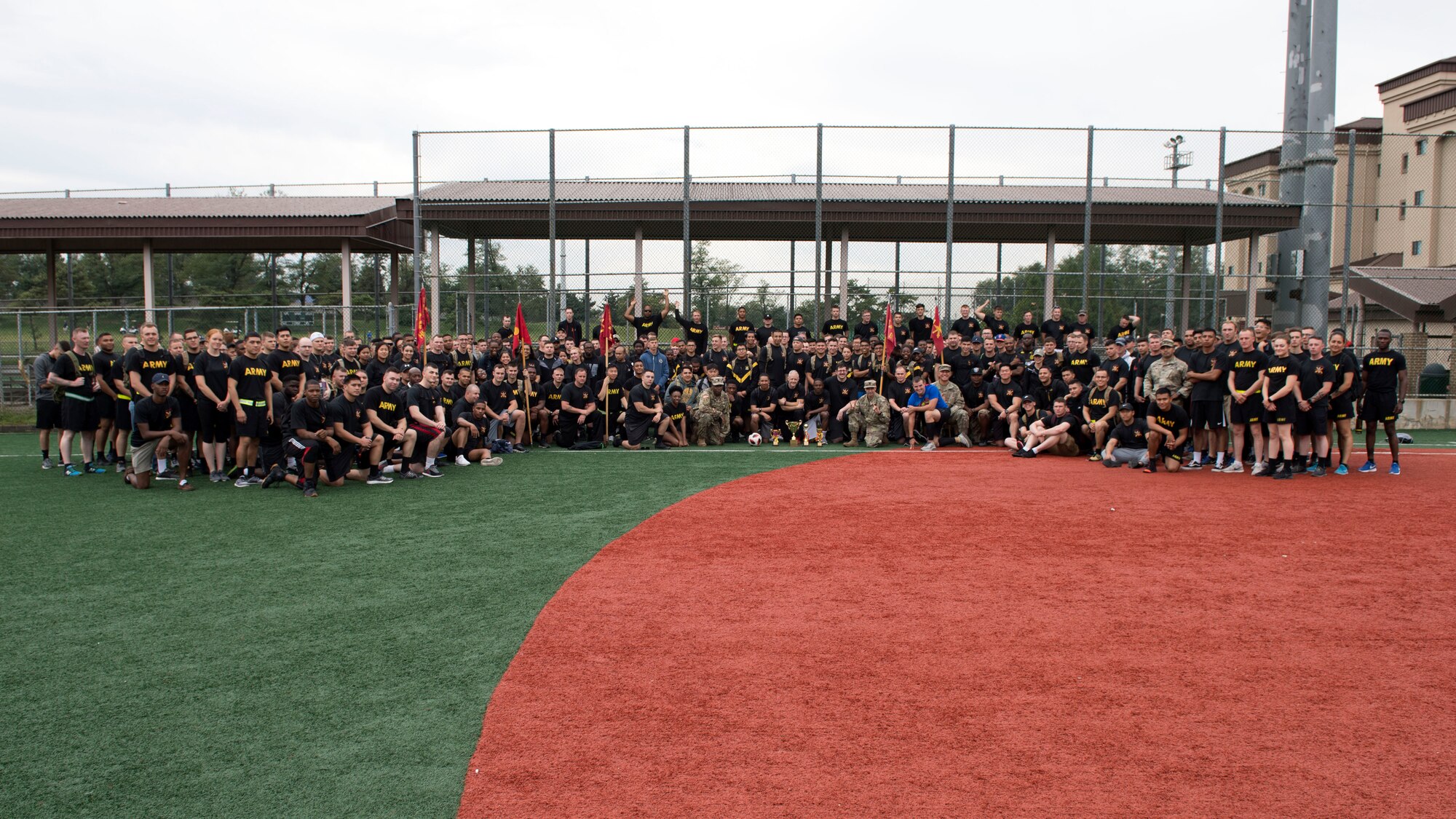 U.S. Army soldiers from the 35th Air Defense Artillery Brigade stand for a group photo at Osan Air Base, Republic of Korea, Sept. 28, 2018. The 35th ADA were champions of the 5th Annual Osan Cup and the spirit award. (U.S. Air Force photo by Staff Sgt. Sergio A. Gamboa)