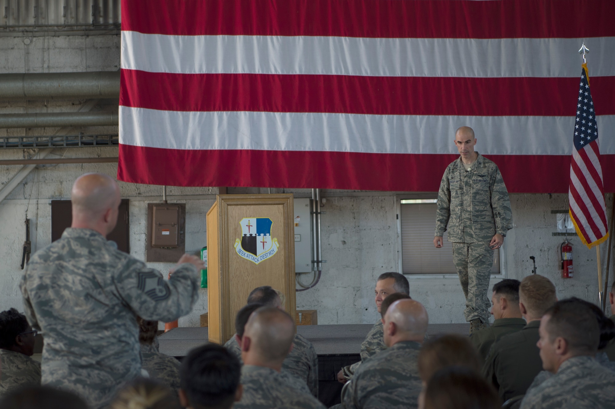 The base populace attended the all call and learned about changes to the Air Force defense plan.