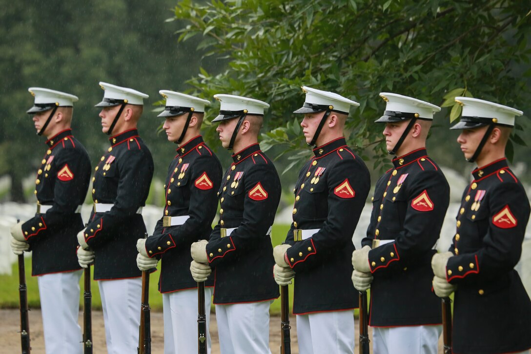 Marines with the Bravo Company firing party, Marine Barracks Washington D.C., stand at a ceremonial position during a full honors funeral for three formerly unaccounted for Vietnam veterans at Arlington National Cemetery, Arlington, Va., Sept. 27, 2018.