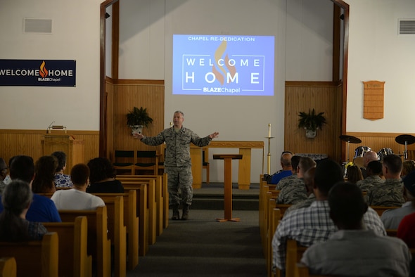 Chaplain (Lt. Col.) Steven Richardson, 14 FTW wing chaplain,thanks people to the BLAZE Chapel re-opening ceremony Sept. 25, 2018, at Columbus Air Force Base, Mississippi. The Chapel team wants the BLAZE Chapel to feel like home and is a place for any person to come relax, worship, or reach out to talk with a chaplain; this is why their new theme is “Welcome Home.” (U.S. Air Force photo by Airman Hannah Bean)