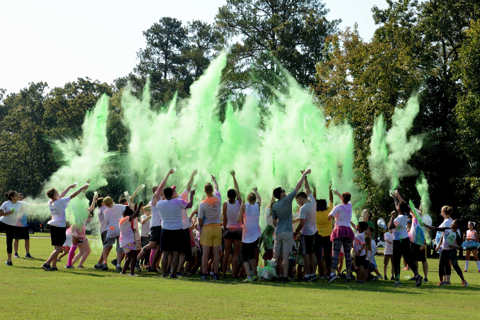 Participants begin the sixth annual Color Run Sept. 22, 2018, at Columbus Air Force Base, Mississippi. The event consisted of a 5K run or a 2-mile run that participants could choose from. (U.S. Air Force photo by Airman Hannah Bean)