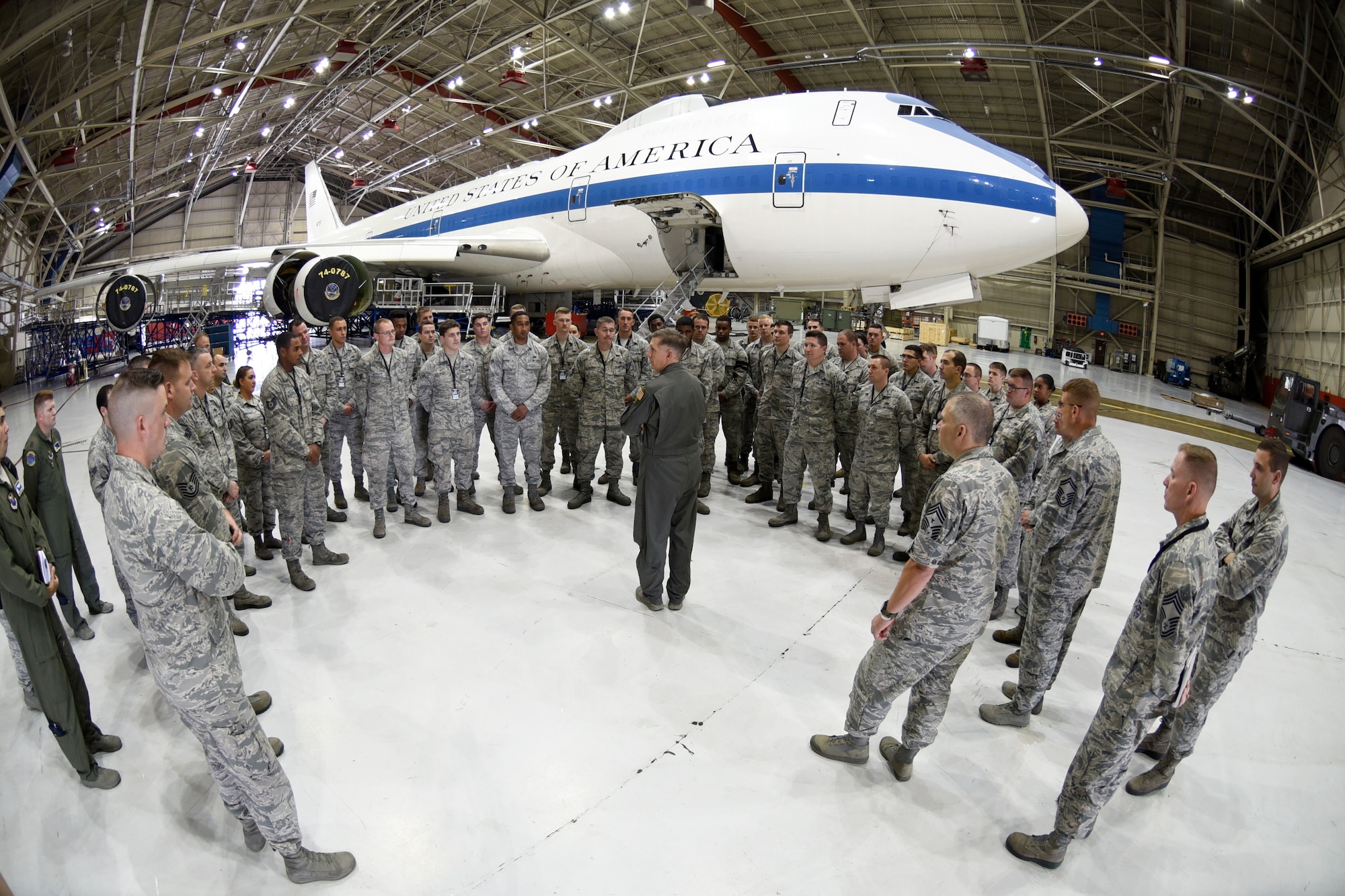 U.S Air Force Gen. Timothy Ray, Air Force Global Strike Command commander, meets with 595th Aircraft Maintenance Squadron members at Offutt Air Force Base, Nebraska Sept. 13, 2018. The maintainers work and fly on the E-4B aircraft which is a militarized version of the Boeing 747-200. It provides a highly-survivable, command, control and communications center to direct U.S. forces, execute emergency war orders and coordinate actions by civil authorities in case of national emergency. (U.S. Air Force photo by Drew Nystrom)