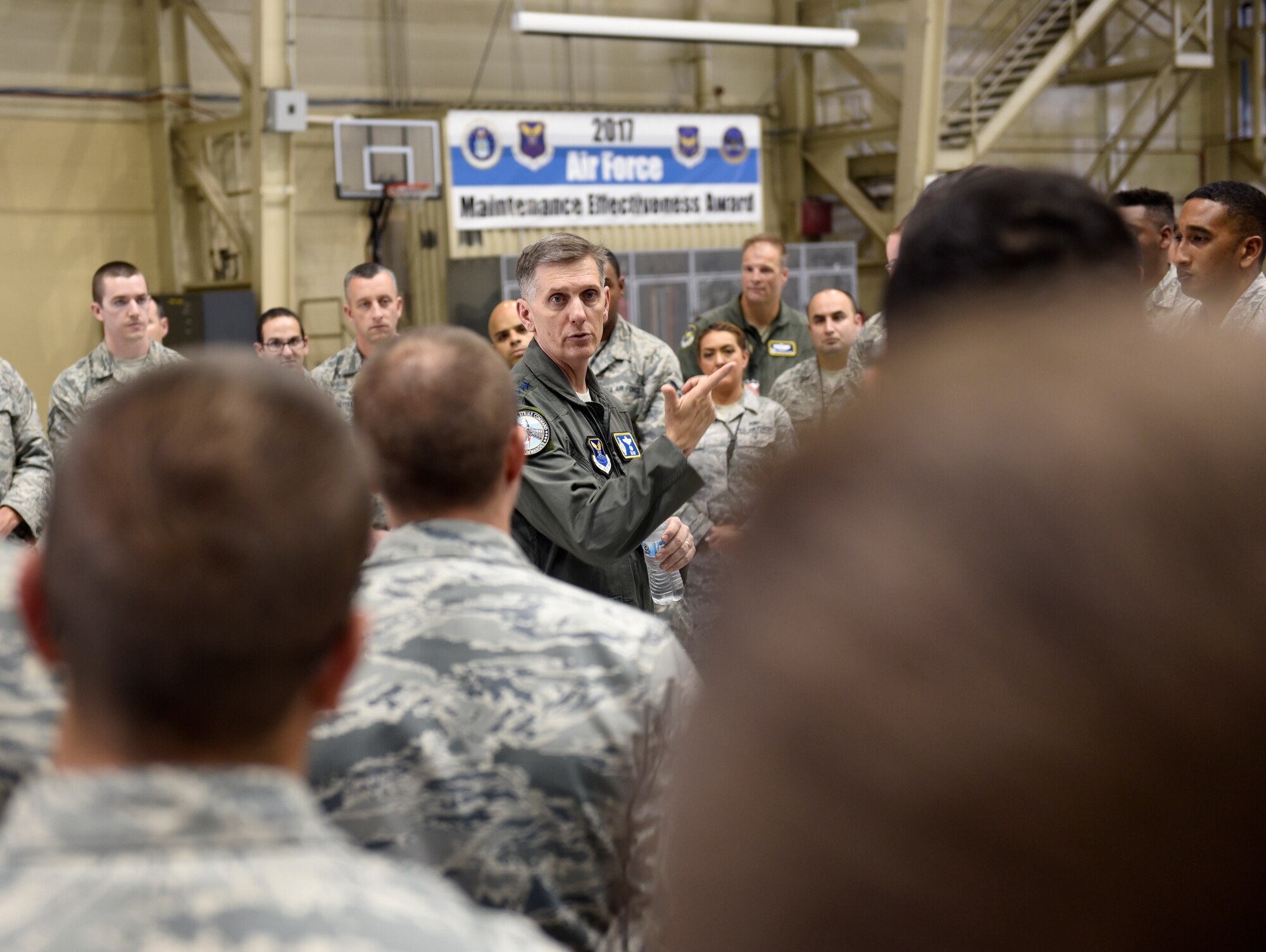 U.S. Air Force Gen. Timothy Ray, Air Force Global Strike Command commander, addresses 595th Aircraft Maintenance Squadron members at Offutt Air Force Base, Nebraska Sept. 13, 2018. The maintainers work and fly on the E-4B aircraft which is a militarized version of the Boeing 747-200. It provides a highly-survivable, command, control and communications center to direct U.S. forces, execute emergency war orders and coordinate actions by civil authorities in case of national emergency. (U.S. Air Force photo by Drew Nystrom)