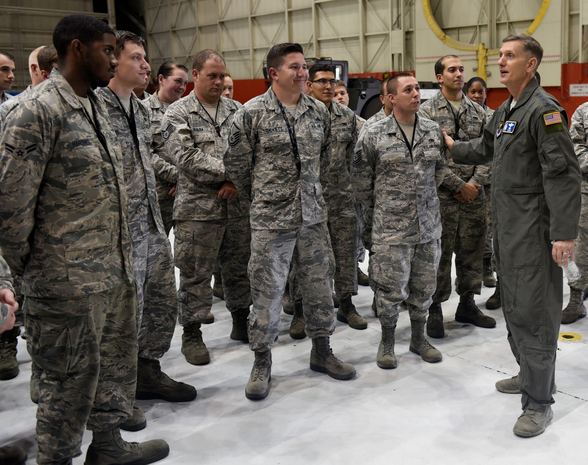 U.S Air Force Gen. Timothy Ray, Air Force Global Strike Command commander, addresses a question posed by Tech. Sgt. Marc Botts, 595th Aircraft Maintenance Squadron debrief non-commissioned officer in charge, at Offutt Air Force Base, Nebraska Sept. 13, 2018. The maintainers work and fly on the E-4B aircraft which is a militarized version of the Boeing 747-200. It provides a highly-survivable, command, control and communications center to direct U.S. forces, execute emergency war orders and coordinate actions by civil authorities in case of national emergency. (U.S. Air Force photo by Drew Nystrom)