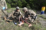 Medics treat a “wounded” mannequin as part of a combat simulation exercise during the Army Best Medic Competition Sept. 19 at Joint Base San Antonio-Camp Bullis. The competition pitted 27 teams of medics against each other from Army units across the world, who were tested on their readiness, medical and tactical competency skills and physical prowess in a continuous, realistic simulated combat operational environment.