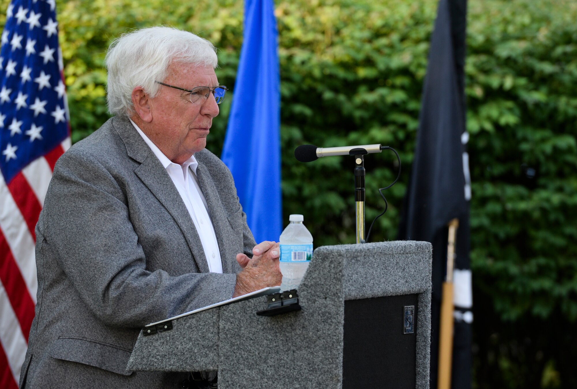 Retired Air Force Col. Henry Fowler Jr. recounts some of his experiences as a prisoner of war during a POW/MIA Recognition Day wreath laying ceremony at Wright-Patterson Air Force Base Sept. 21, 2018. Fowler spent 2,157 days in captivity after being forced to eject from his F-4 aircraft on March 26, 1967, over North Vietnam. (U.S. Air Force photo/Wesley Farnsworth)