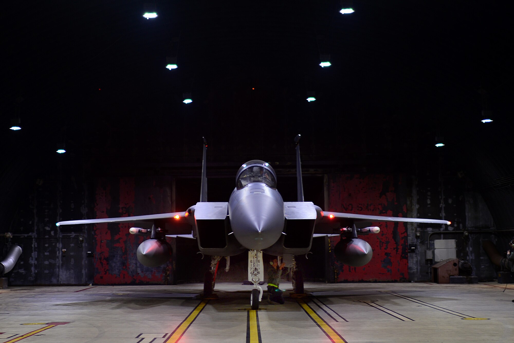 A U.S. Air Force F-15C Eagle aircrew, assigned to the 493rd Fighter Squadron, prepares for a sortie Sept. 20, 2018, in support of exercise One Sky at RAF Lakenheath, United Kingdom. The bilateral U.S., Poland training event focused on rapid and responsive air operations over Poland in the event of a crisis contingency. Specific operations included defensive counter-air missions designed to improve interoperability and collective self-defense tactics and procedures. (U.S. Air Force photo by Tech. Sgt. Matthew Plew)