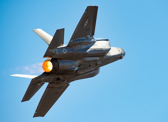 U.S. Air Force Capt. Andrew “Dojo” Olson, F-35 Heritage Flight Team pilot and commander, performs a tactical pitch maneuver in an F-35A Lightning II during the California Capital Airshow, Sept. 23, 2018, in Sacramento, Calif. During the performance, Olson performed numerous aerial maneuvers showcasing the F-35s raw power and maneuverability. (U.S. Air Force photo by Senior Airman Alexander Cook)
