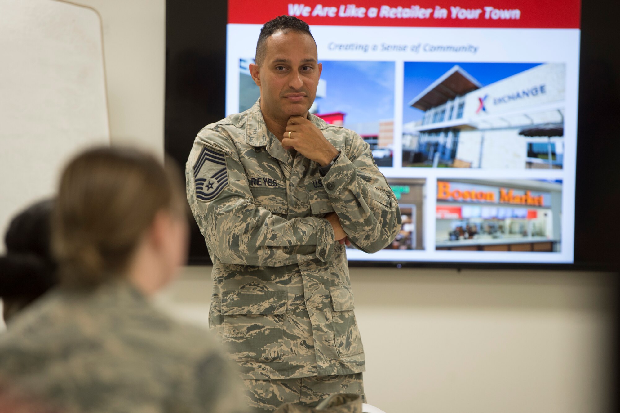 Service members were educated on the AAFES mission and addressed any issues or concerns during the meeting hosted by the Army and Air Force Exchange Services Senior Enlisted Advisor Chief Master Sgt. Luis Reyes.