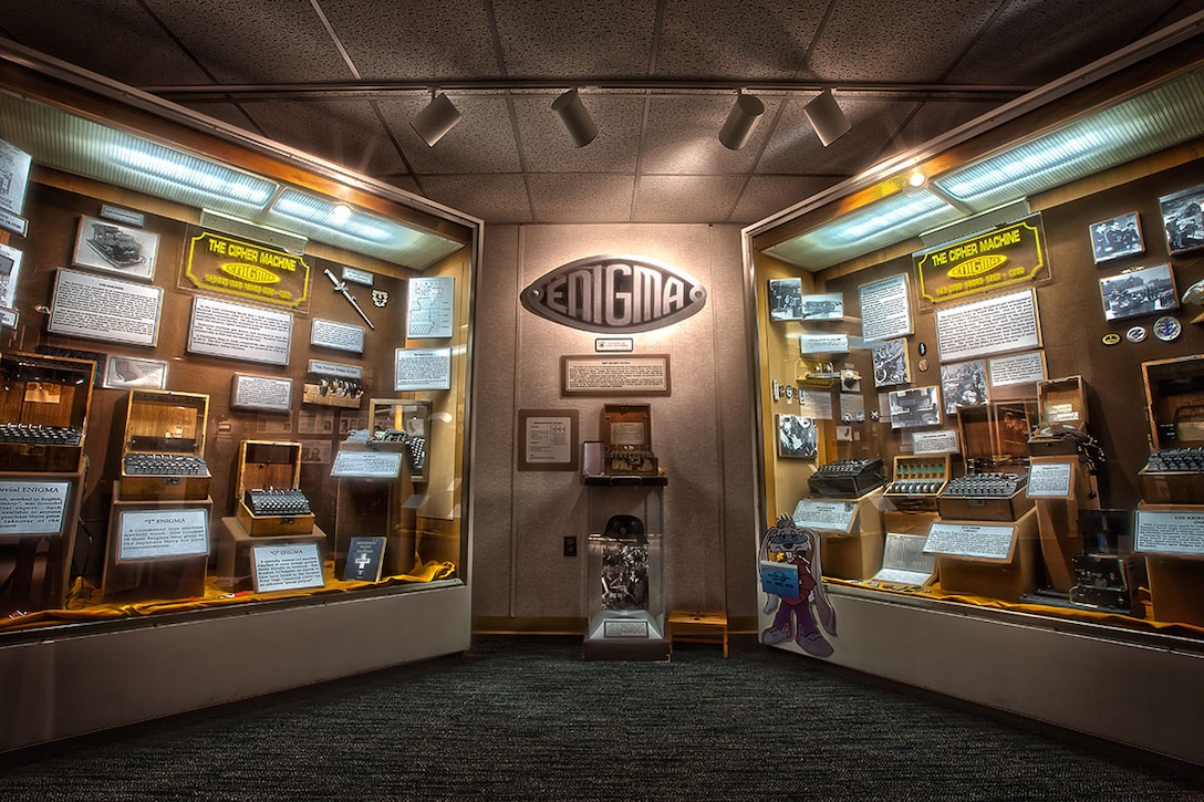 A collection of Enigma machines and memorabilia on display at the National Cryptologic Museum.
