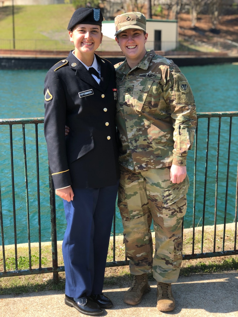 West Virginia National Guard Pfc. Private Brooke Puffenbarger and Pfc. Hannah Rezutek pose for a photo following Puffenbarger's graduation from the U.S. Army's Basic Combat Training in Fort Jackson, South Carolina. Puffenbarger was inspired to join the Army National Guard thanks to Rezutek's service. (Courtesy photo)