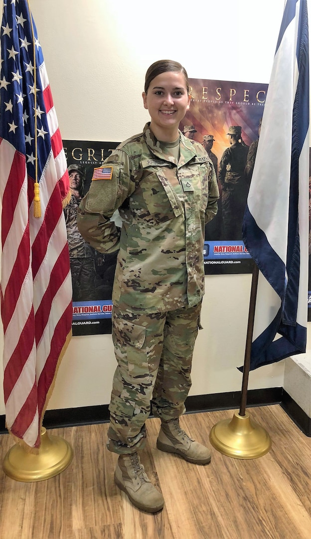 Pfc. Brook Puffenbarger poses for a photo at the Keyser, West Virginia recruiting office Sept. 27, 2018. Puffenbarger, a Maryland native, was inspired to join the Army National Guard thanks to her friend's service in the National Guard. (Courtesy photo)