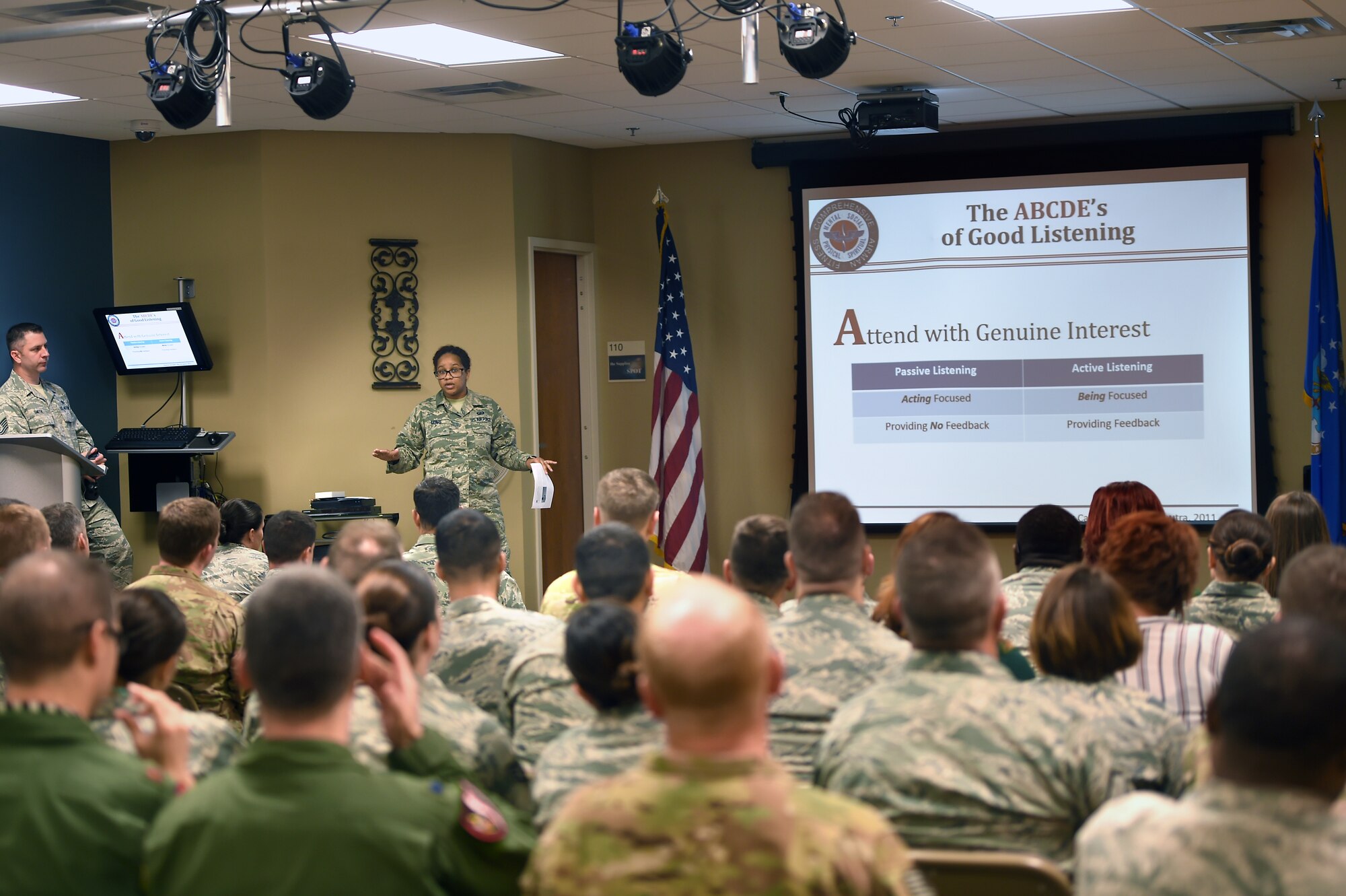 Staff Sgt. Elisa Lewis, 23d Comptroller Squadron financial operations and travel pay noncommissioned officer in charge, conducts a briefing on active listening during a Comprehensive Airmen Fitness Day, Sept. 28, 2018, at Moody Air Force Base, Ga.