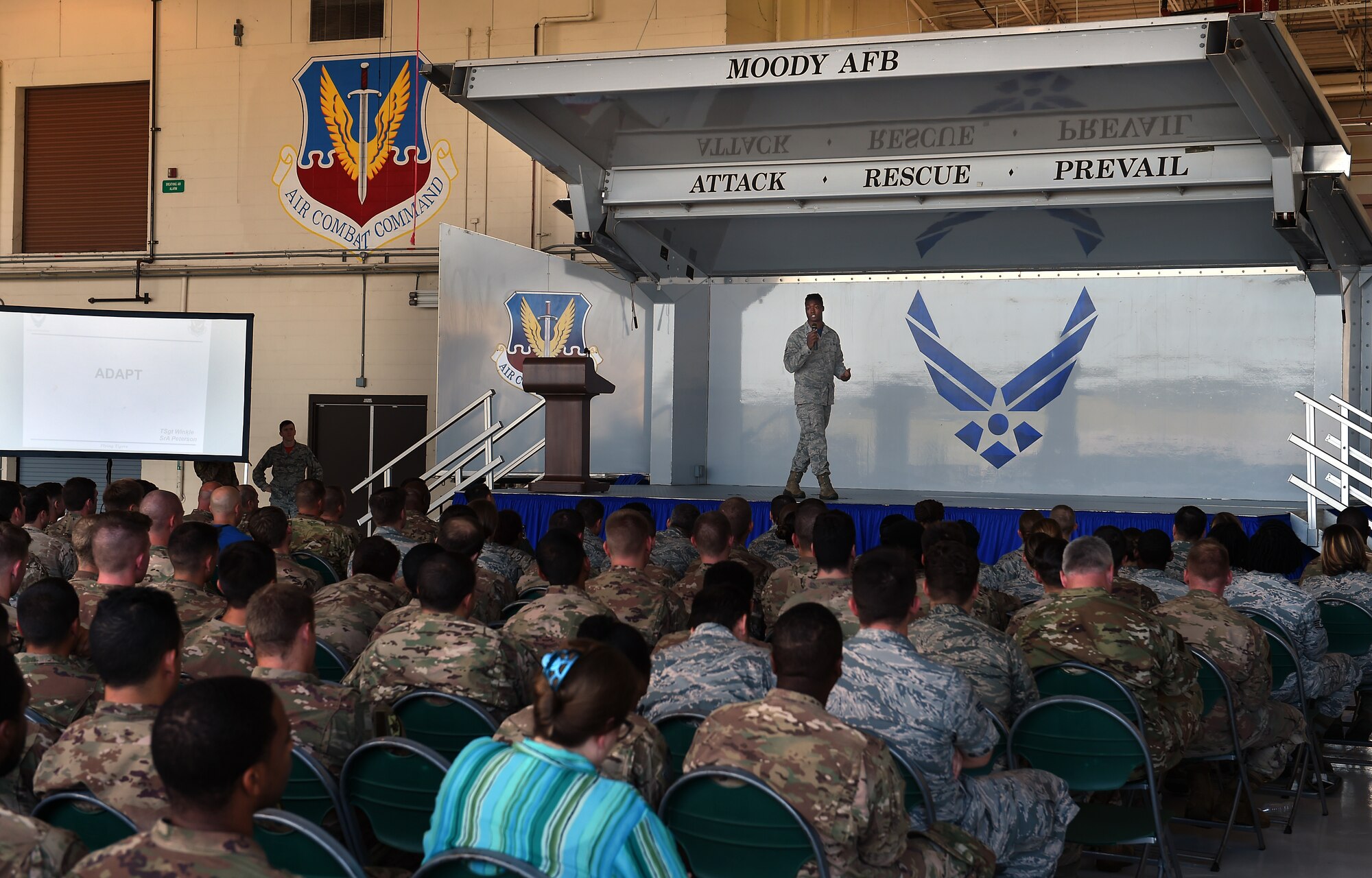 Airmen from the 23d Wing attend an Alcohol and Drug Abuse Prevention Treatment (ADAPT) briefing during a Comprehensive Airmen Fitness Day, Sept. 28, 2018, at Moody Air Force Base, Ga.