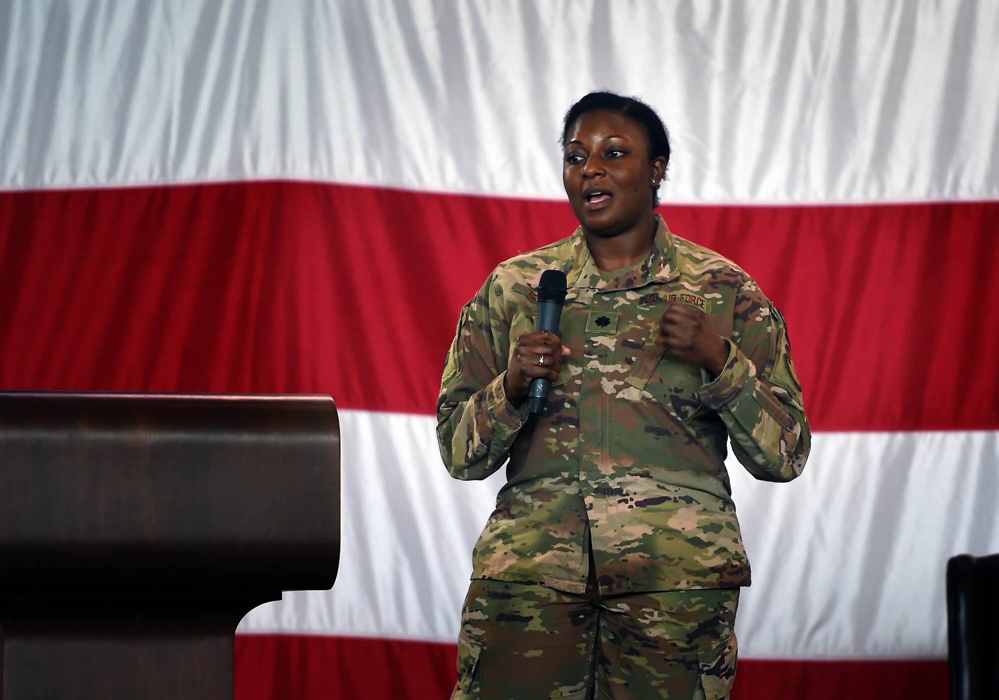 Lt. Col. Redahlia Person, 723d Aircraft Maintenance Squadron commander, shares a personal story during a suicide awareness and prevention briefing, Sept. 28, 2018, Moody Air Force Base, Ga