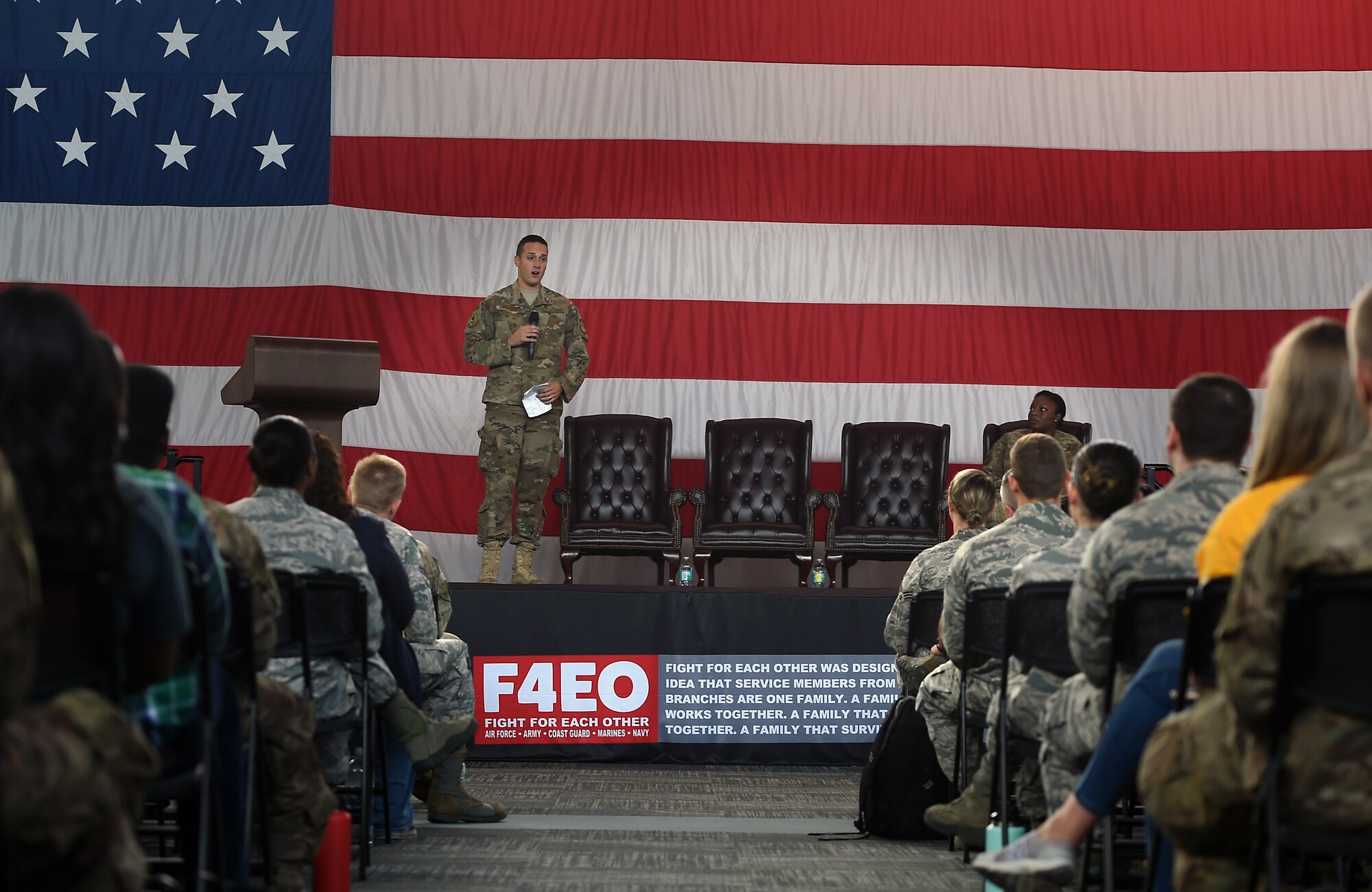 Staff Sgt. Trent Banwart, 723d Aircraft Maintenance Squadron crew chief, shares a personal story during a suicide awareness and prevention briefing, Sept. 28, 2018, Moody Air Force Base, Ga.