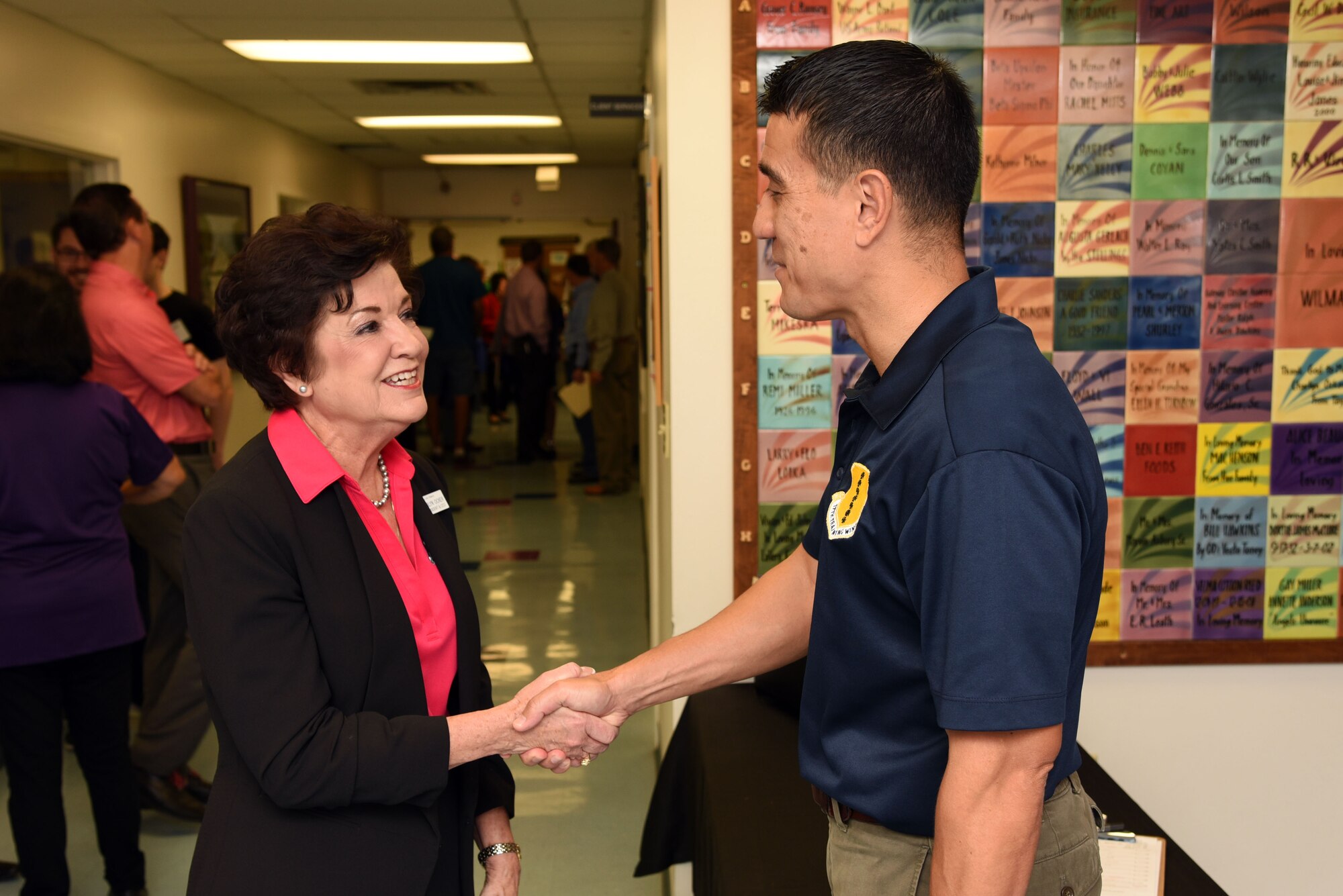 Meals for the Elderly President and CEO, Charlyn Ocker, meets with U.S. Air Force Col. Ricky Mills, 17th Training Wing commander, at the Meals for the Elderly building in San Angelo, Texas, Sept. 27, 2018. Mills volunteered to try to raise awareness for the program. (U.S. Air Force photo by Staff Sgt. Joshua Edwards/Released)