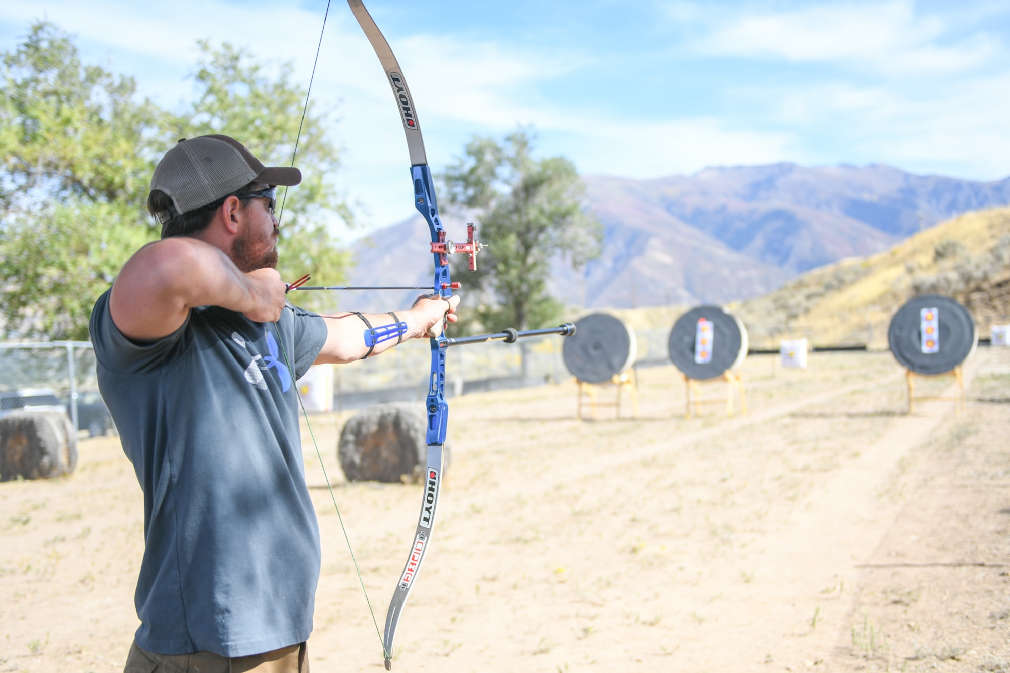 Marine Staff Sgt. James Dunaway from Mission Valley, Calif., aims his recurve bow during a Paralympic Archery Training Camp Sept. 25, 2018, at Hill Air Force Base, Utah. Hill hosted the camp Sept. 24-28 through the Paralympic Military Program, which is run by the United States Olympic Committee in partnership with the U.S. Department of Defense and U.S. Department of Veterans Affairs. (U.S. Air Force photo by Cynthia Griggs)