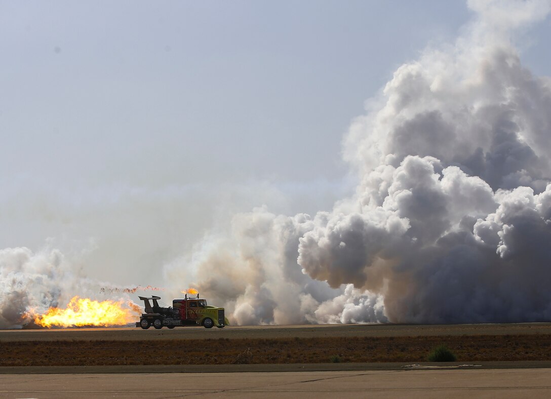 The Shockwave Jet Truck shows off its ability to run over 300 mph at the 2018 Marine Corps Air Station Miramar Airshow at Marine Corps Air Station Miramar, Calif., Sept. 28.  This year’s air show honors “100 years of women in the Marine Corps” by featuring several performances and displays that highlight accomplishments and milestones women made since the first female enlistee, Opha May Johnson, who joined the service in 1918. (U.S. Marine Corps photo by Cpl Nadia J. Stark/Released.)