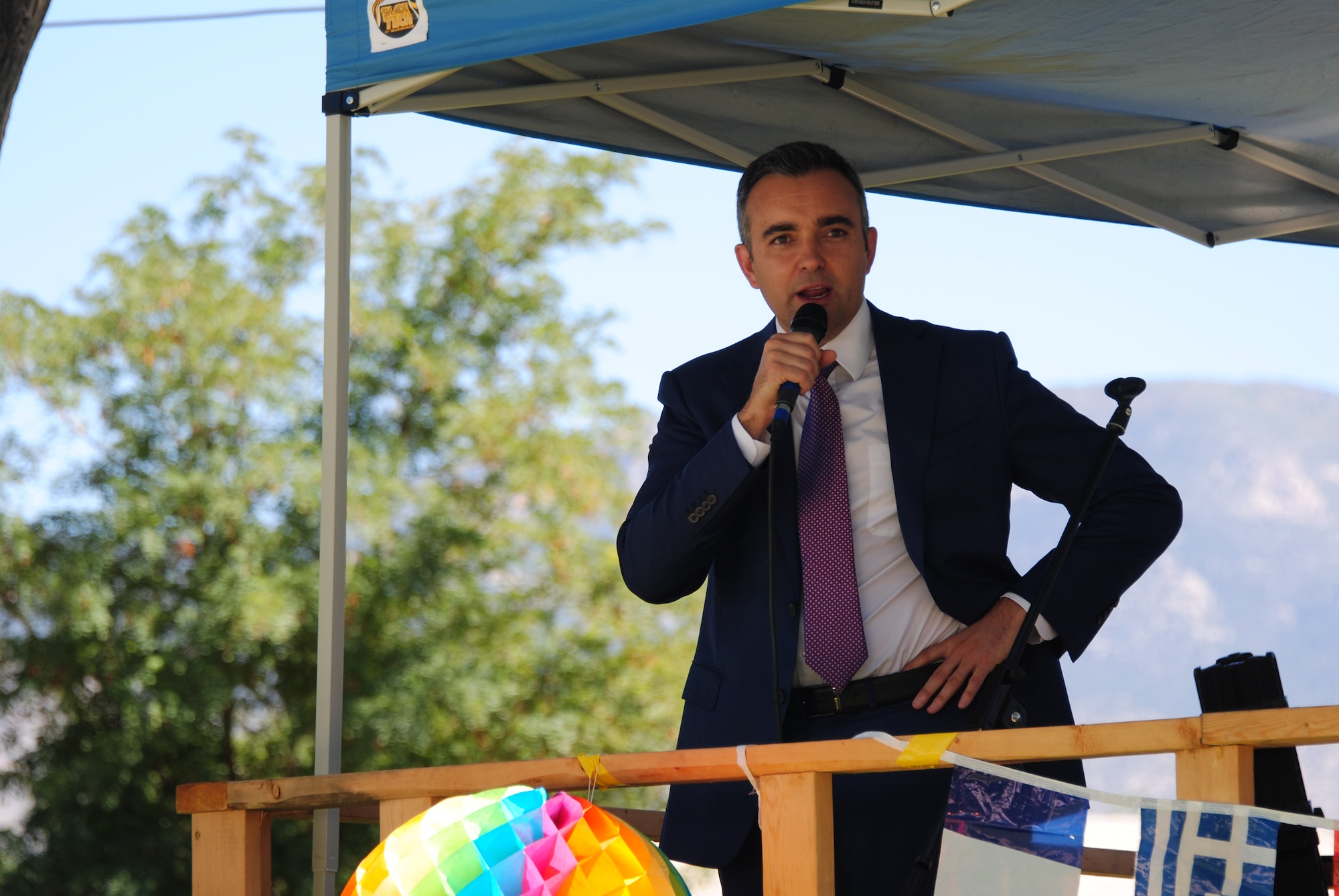 Keynote speaker Albuquerque District Attorney Raul Torrez
speaks at the 2018 Hispanic Heritage Diversity Day event at Hardin Field here Sept. 27. This year's event featured the Al Hurricane Jr. Band. There was also a car show, an art show, food trucks and a samba sizzle Latin dance workout. (U.S. Air Force photo by Jessie Perkins)