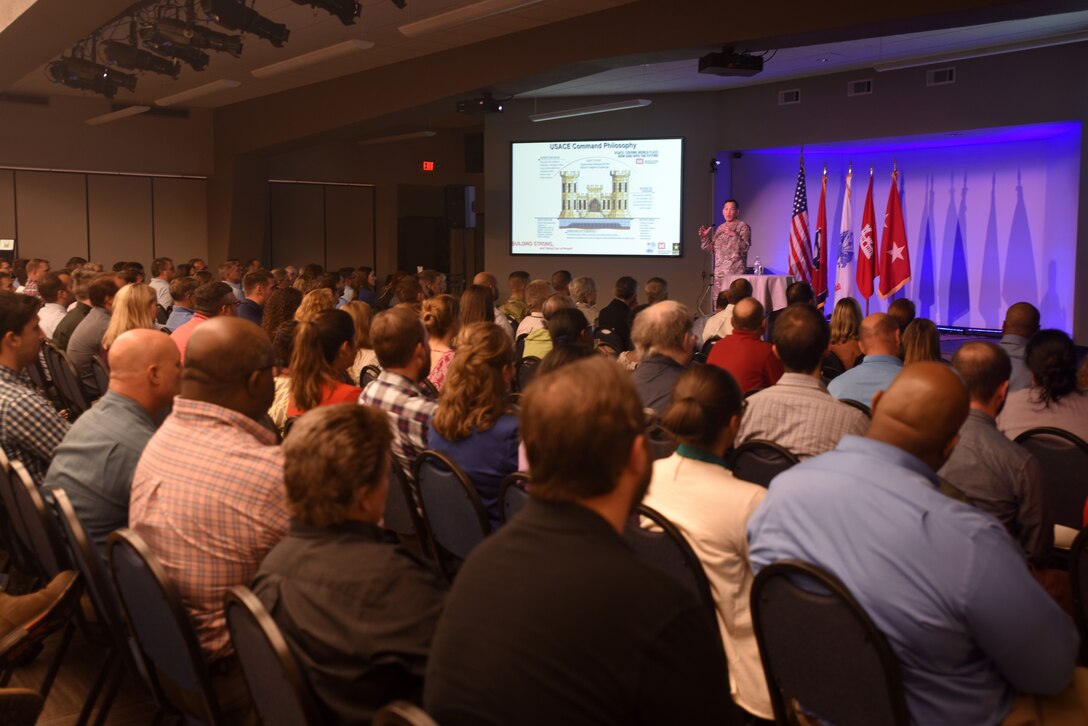 Maj. Gen. Mark Toy, U.S. Army Corps of Engineers Great Lakes and Ohio River Division commander, addresses command philosophies during a town meeting with Nashville District employees Sept. 25, 2018 in Nashville, Tenn. (USACE Photo by Lee Roberts)