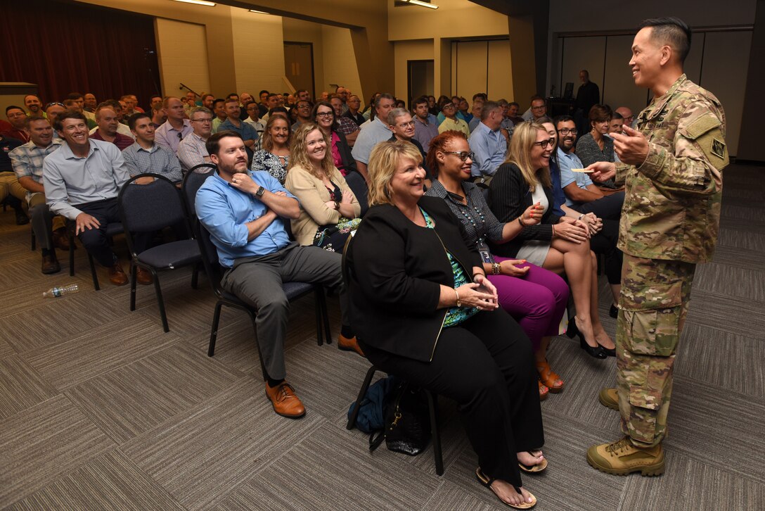 Maj. Gen. Mark Toy, U.S. Army Corps of Engineers Great Lakes and Ohio River Division commander, addresses workforce readiness and taking care of people during a town meeting with Nashville District employees Sept. 25, 2018 in Nashville, Tenn. (USACE Photo by Lee Roberts)