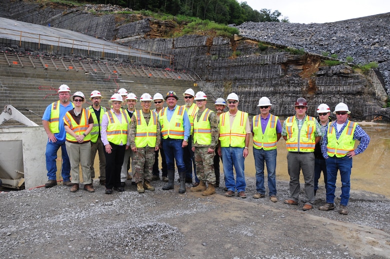 Maj. Gen. Mark Toy (Center), U.S. Army Corps of Engineers Great Lakes and Ohio River Division commander, poses with Nashville District employees and Thalle construction employees at the Center Hill Dam saddle dam in Silver Point, Tennessee Sept. 27, 2018.  (USACE photo by Mark Rankin)