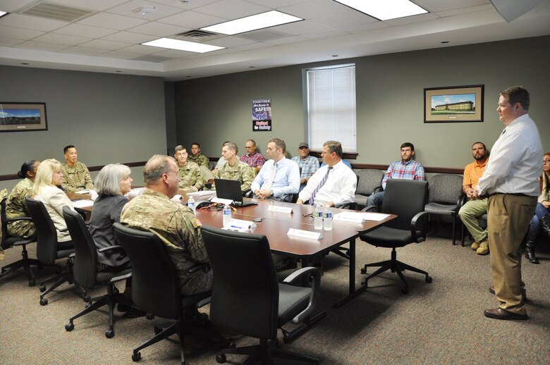 Maj. Gen. Mark Toy, Great Lakes and Ohio River Division commander, receives a briefing during a visit to the Louisville Resident Engineer Office at Fort Campbell, Ky., Sept. 27, 2018. (USACE photo by Mark Rankin)