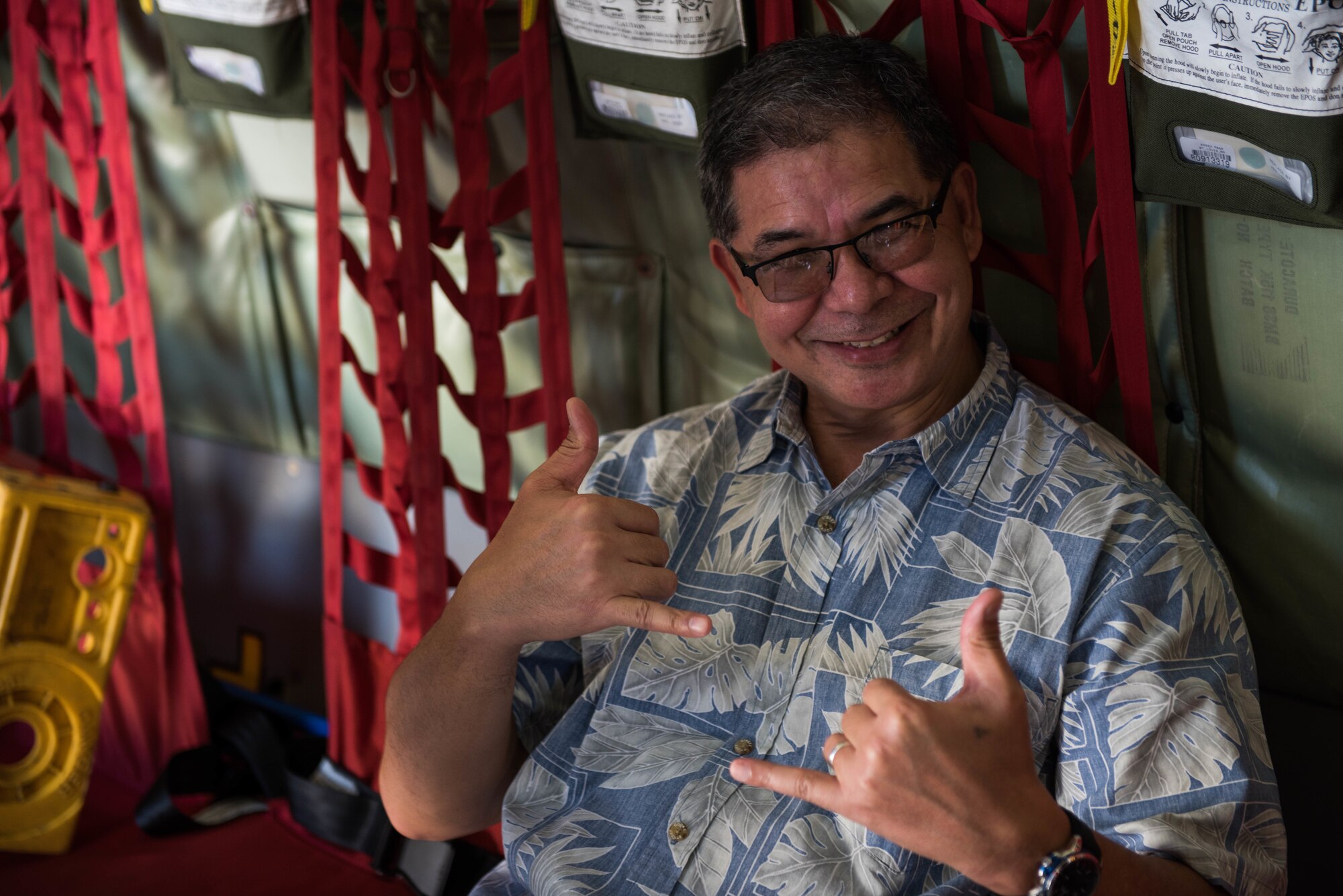 Robert T. Torres, legal counsel to the Commonwealth Port Authority (CPA), relaxes in a KC-135R Stratotanker during a tour farm on Joint Base Pearl Harbor-Hickam, Hawaii, Sept. 19, 2018.