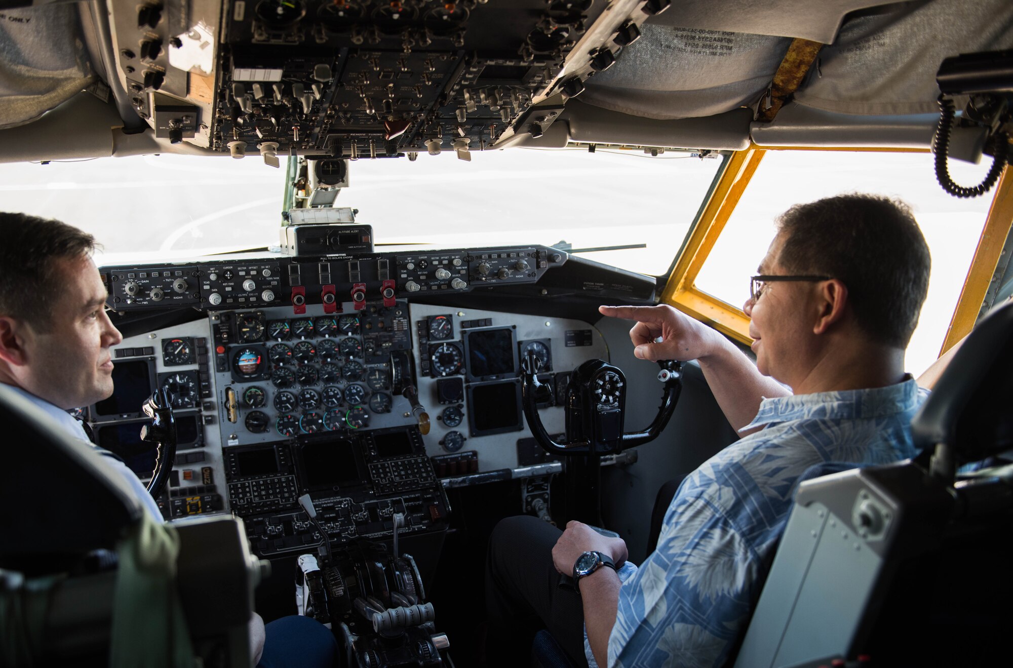 Robert T. Torres, legal counsel to the Commonwealth Port Authority (CPA), relaxes in a KC-135R Stratotanker during a tour farm on Joint Base Pearl Harbor-Hickam, Hawaii, Sept. 19, 2018.