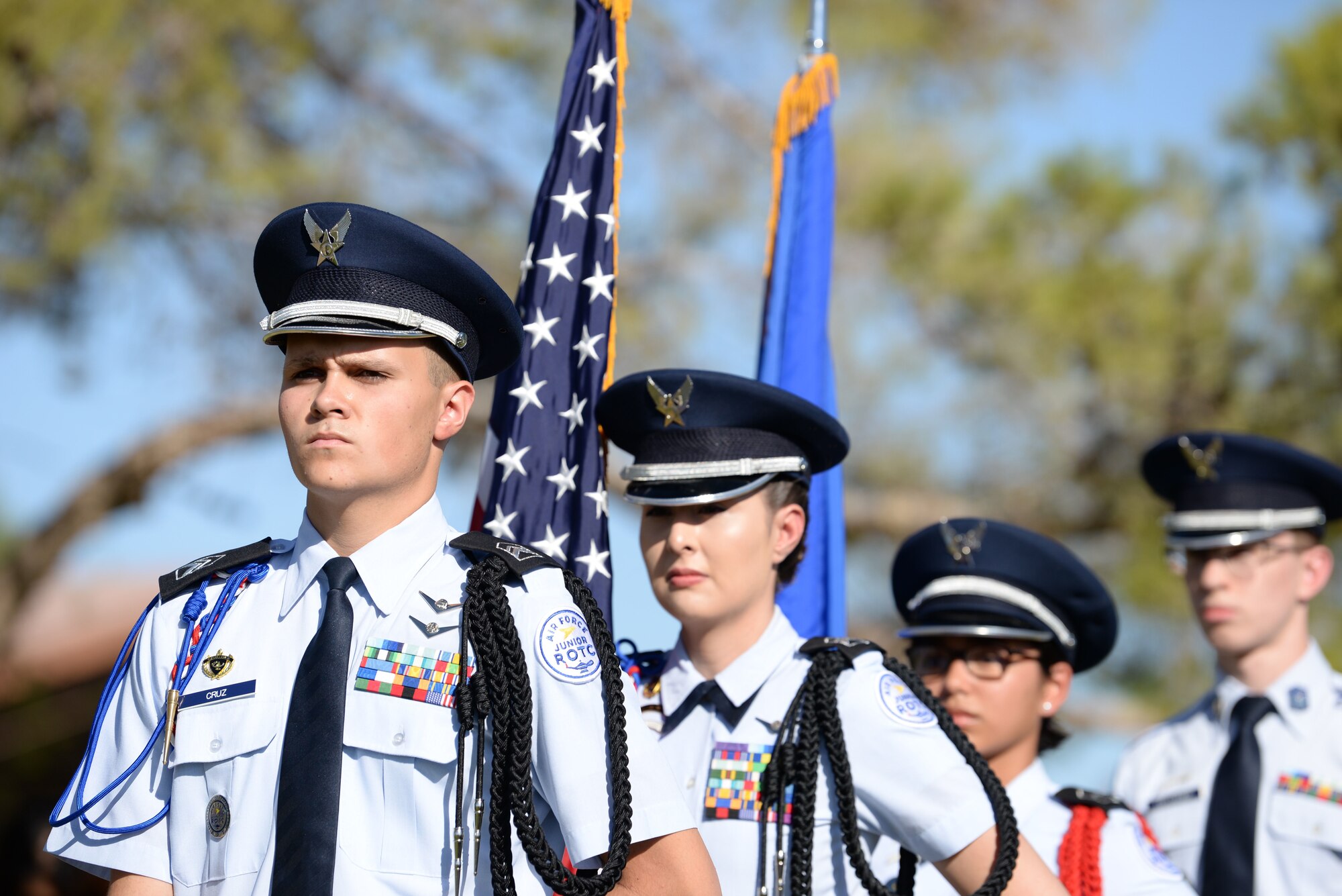 Four Rancho High School Honor Guardsmen stand in preparation for the Prisoner of War/Missing in Action Ceremony at Freedom Park on Nellis Air Force Base Nev., Sept. 21, 2018.  National POW/MIA day falls on every third Friday of September to commemorate service members who have and haven’t made it back. (U.S. Air Force photo by Airman 1st Class Bryan T. Guthrie)