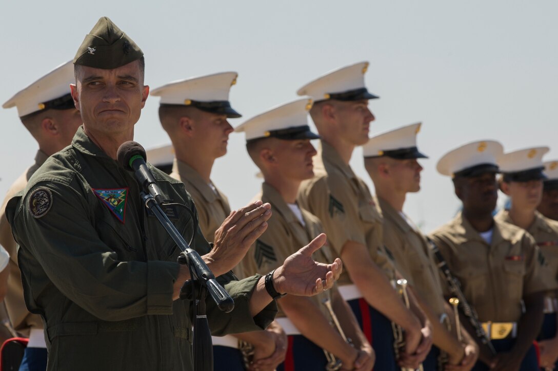 U.S. Marine Corps Col. Charles B. Dockery, commanding officer of Marine Corps Air Station Miramar, gives his remarks during the opening ceremony of the 2018 MCAS Miramar Air Show at MCAS Miramar, Calif., Sept. 28. This years air show honors “100 years if women in the Marine Corps” by featuring several performances and displays that highlight accomplishments and milestones since the first female enlistee, Opha May Johnson, who joined the service in 1918. (U.S. Marine Corps photo by Lance Cpl. Maritza Vela)
