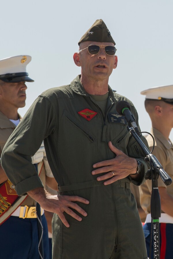 U.S. Marine Corps Maj. Gen. Kevin M. Iiams, commanding general of 3rd Marine Aircraft Wing speaks during the opening ceremony of the 2018 Marine Corps Air Station Miramar Air Show at MCAS Miramar, Calif., Sept. 28. This years air show honors “100 years if women in the Marine Corps” by featuring several performances and displays that highlight accomplishments and milestones since the first female enlistee, Opha May Johnson, who joined the service in 1918. (U.S. Marine Corps photo by Lance Cpl. Maritza Vela)