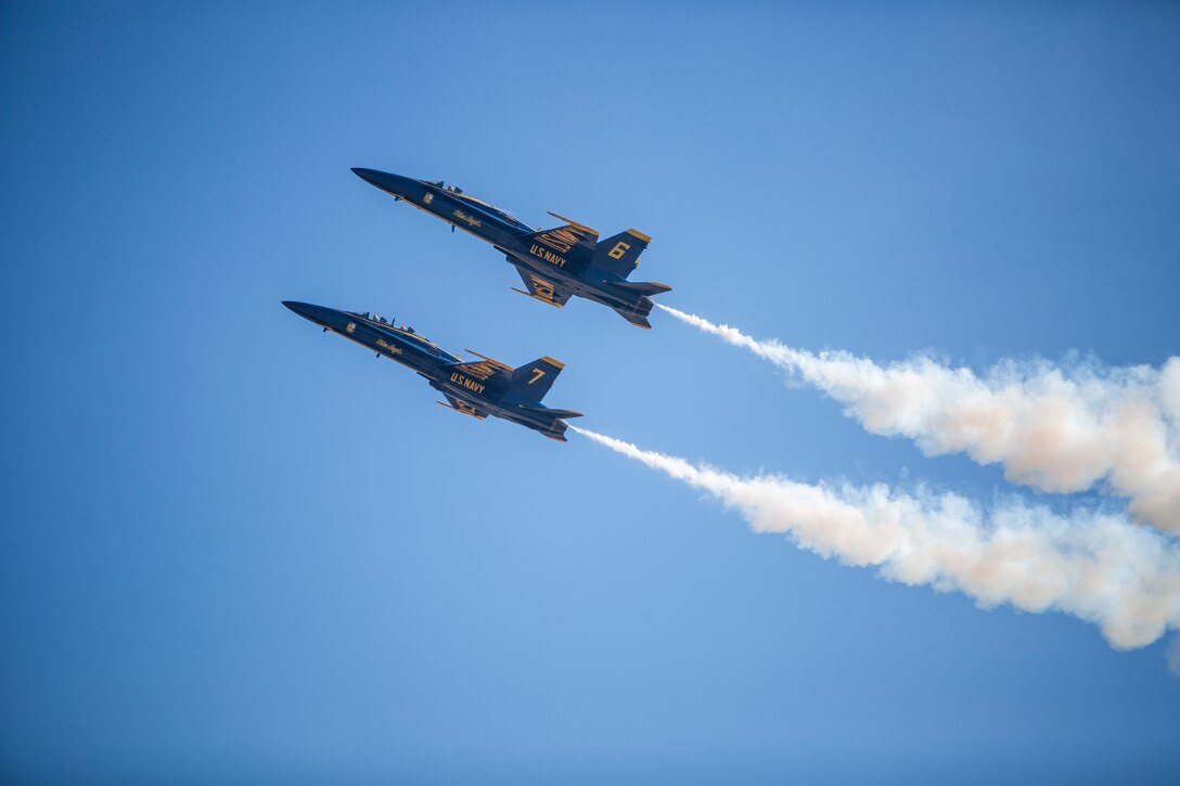 The U.S. Navy Blue Angel’s perform a dynamic aerial maneuver during the 2018 Marine Corps Air Station Miramar Air Show at MCAS Miramar, Calif., Sept. 28. This year’s air show honors “100 years of women in the Marine Corps” by featuring several performances and displays that highlight accomplishments and milestones women since the first female enlistee, Opha May Johnson, who joined the service in 1918. (U.S. Marine Corps photo by Lance Cpl. Robert Alejandre)