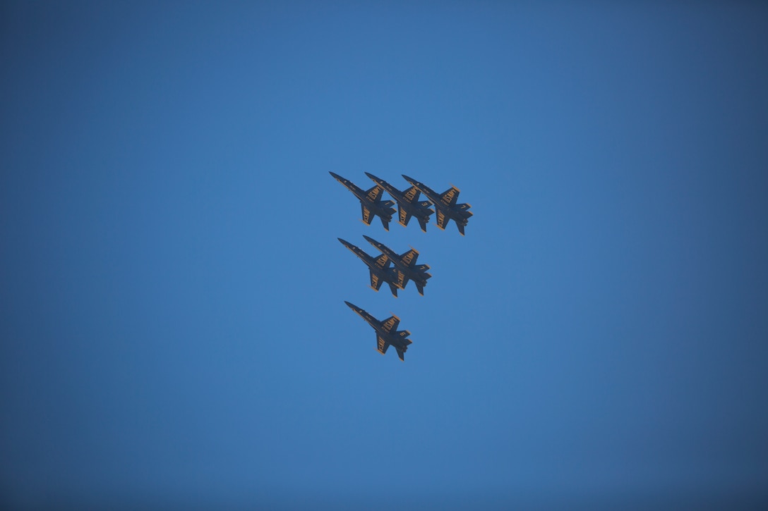 The U.S. Navy Blue Angel’s perform a dynamic aerial maneuver during the Marine Corps Air Station Miramar Air Show at MCAS Miramar, Calif., Sept. 28. This year’s air show honors “100 years of women in the Marine Corps” by featuring several performances and displays that highlight accomplishments and milestones women since the first female enlistee, Opha May Johnson, who joined the service in 1918. (U.S. Marine Corps photo by Lance Cpl. Robert Alejandre)
