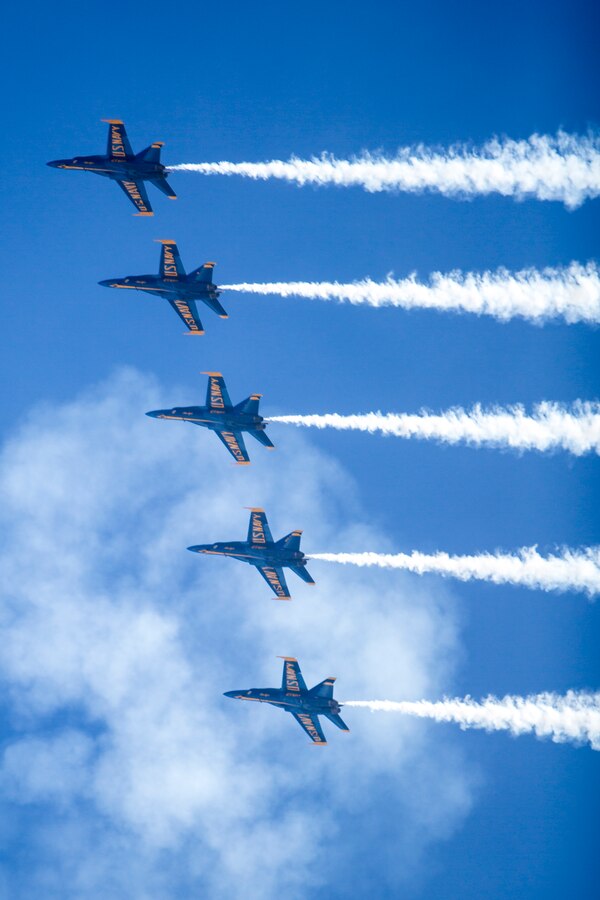 The U.S. Navy Blue Angel’s perform a dynamic aerial maneuver during the 2018 Marine Corps Air Station Miramar Air Show at MCAS Miramar, Calif., Sept. 28. This year’s air show honors “100 years of women in the Marine Corps” by featuring several performances and displays that highlight accomplishments and milestones women since the first female enlistee, Opha May Johnson, who joined the service in 1918. (U.S. Marine Corps photo by Lance Cpl. Robert Alejandre)