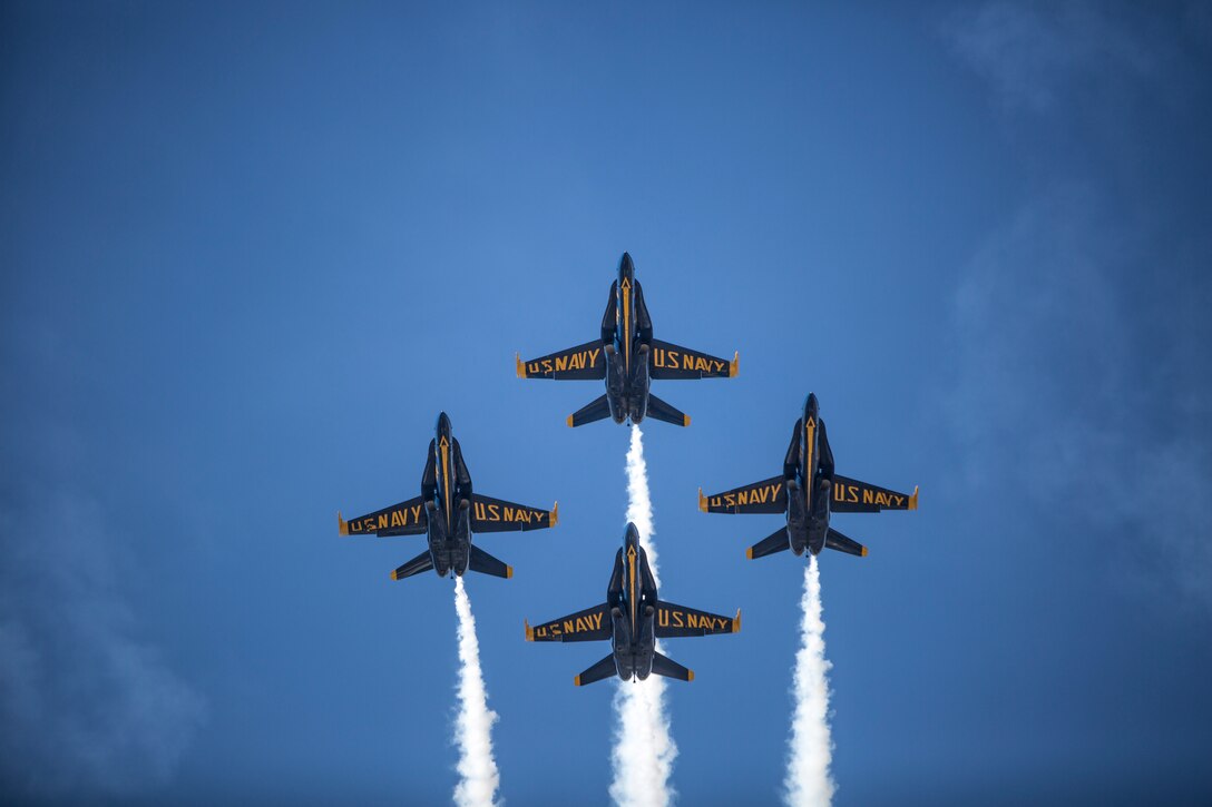 The U.S. Navy Blue Angel’s perform a dynamic aerial maneuver during the 2018 Marine Corps Air Station Miramar Air Show at MCAS Miramar, Calif., Sept. 28. This year’s air show honors “100 years of women in the Marine Corps” by featuring several performances and displays that highlight accomplishments and milestones women since the first female enlistee, Opha May Johnson, who joined the service in 1918. (U.S. Marine Corps photo by Lance Cpl. Robert Alejandre)