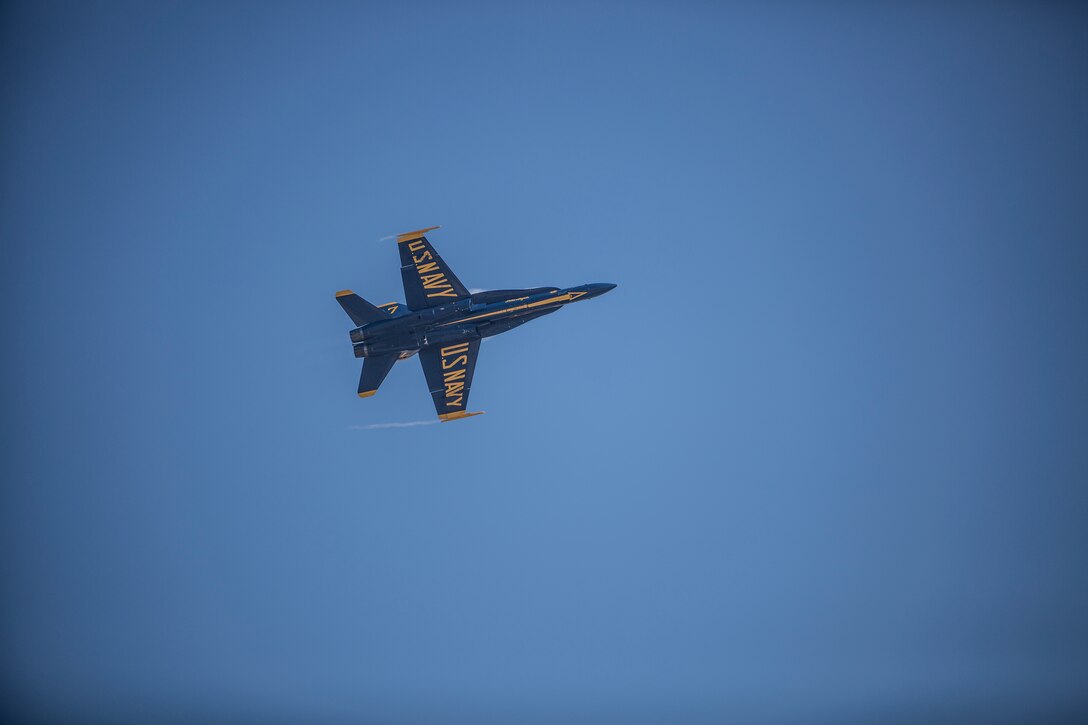 The U.S. Navy Blue Angel’s perform a dynamic aerial maneuver during the 2018 Marine Corps Air Station Miramar Air Show at MCAS Miramar, Calif., Sept. 28. This year’s air show honors “100 years of women in the Marine Corps” by featuring several performances and displays that highlight accomplishments and milestones women since the first female enlistee, Opha May Johnson, who joined the service in 1918. (U.S. Marine Corps photo by Lance Cpl. Robert Alejandre)