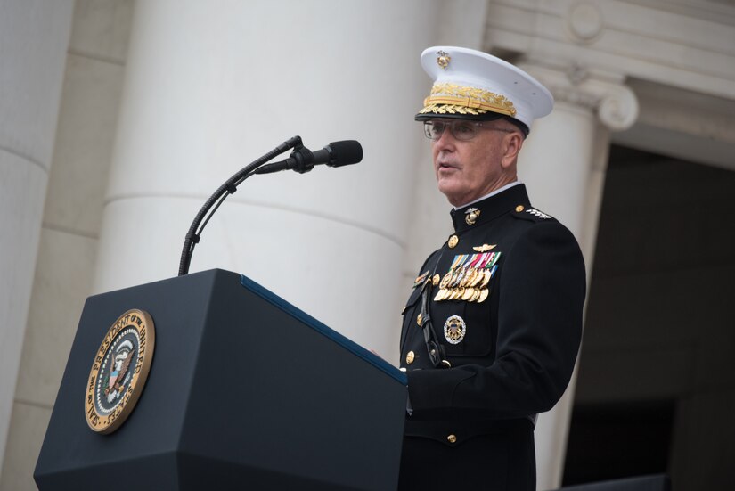 Marine Corps Gen. Joe Dunford, chairman of the Joint Chiefs of Staff, delivers remarks at a podium.