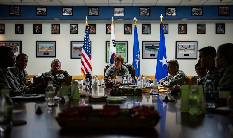 U.S. Air Force Lt. Gen. Dorothy Hogg, Air Force Surgeon General, discusses a range of topics with leadership from the 8th Medical Group at Kunsan Air Base, Republic of Korea, Sept. 25, 2018. The 8th MDG showcased their capabilities and highlighted their staff during Hogg’s visit. (U.S. Air Force photo by Senior Airman Stefan Alvarez)