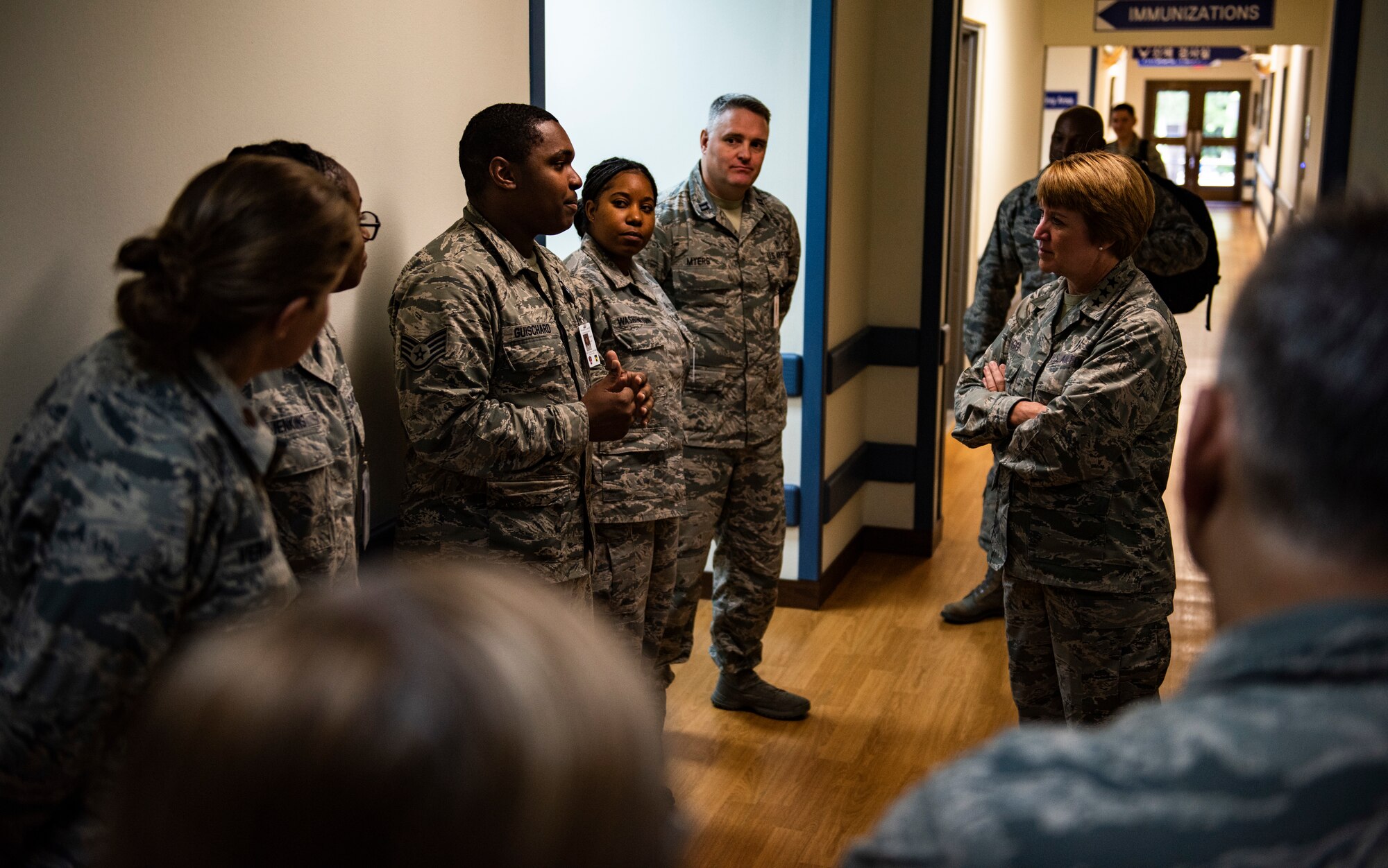 U.S. Air Force Lt. Gen. Dorothy Hogg, Air Force Surgeon General, converses with 8th Medical Group staff during her visit to Kunsan Air Base, Republic of Korea, Sept. 25, 2018. The 8th MDG showcased their capabilities and highlighted their staff during Hogg’s visit. (U.S. Air Force photo by Senior Airman Stefan Alvarez)
