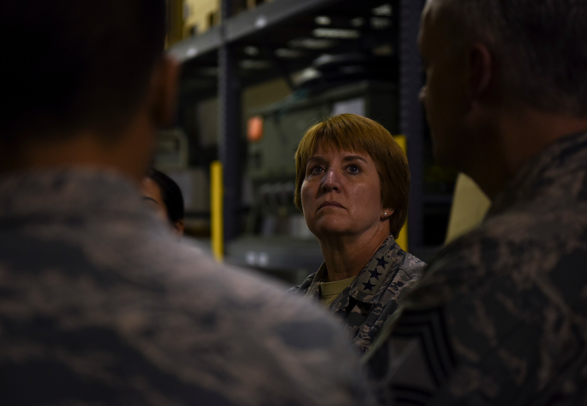 U.S. Air Force Lt. Gen. Dorothy Hogg, Air Force Surgeon General, inspects a war reserve material warehouse at Kunsan Air Base, Republic of Korea, Sept. 25, 2018. Gen. Hogg and Chief Master Sgt. George Cum, the Medical Enlisted Chief, met with Airmen of the medical group and received a brief on the capabilities and support provided to the 8th Fighter Wing and its mission. (U.S. Air Force photo by Senior Airman Savannah L. Waters)