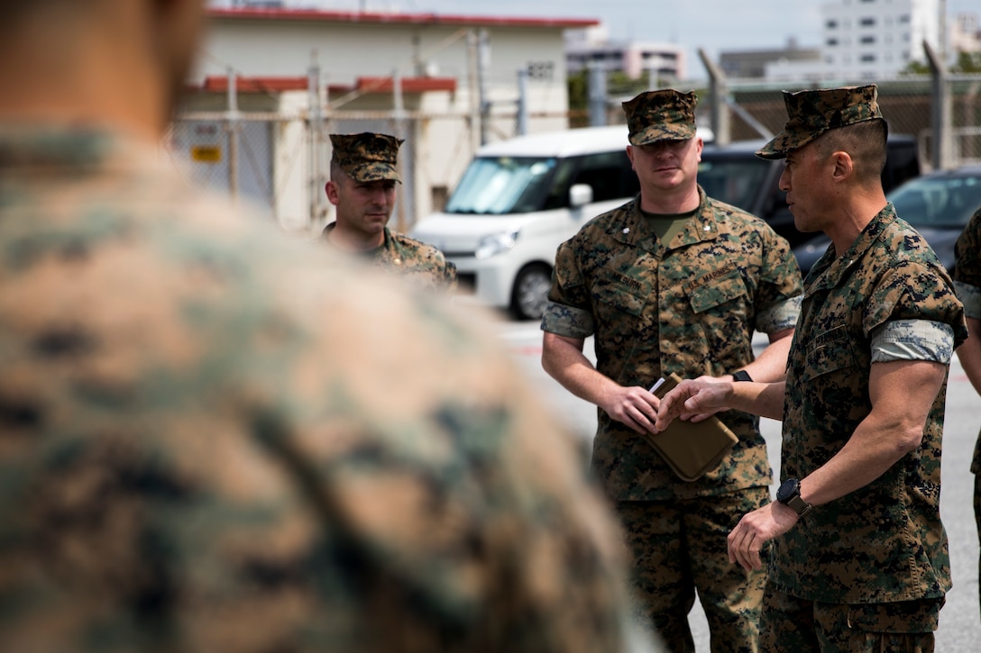 U.S. Marine Corps Col. Joon H. Um, commanding officer of Combat Logistics Regiment 35, 3rd Marine Logistics Group, speaks to senior leaders of 3rd Marine Division before a capabilities tour March 27, 2019 at Camp Kinser, Okinawa, Japan. Senior leaders of 3rd MARDIV came to Camp Kinser to view how CLR-35 supports their Marines on the ground and to learn what logistics capabilities can be utilized by the Marine division. Um is a native of Stamford, Connecticut. (U.S. Marine Corps photo by Cpl. Jamin M. Powell)